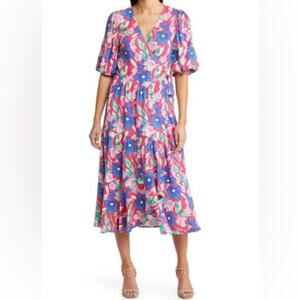 Chelsea28 Women’s Floral Print Puff Sleeve Wrap Dress Pink Sz XS